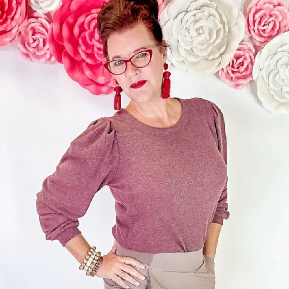 Thermal Puff Sleeve Crew Neck Top - Picture 4 of 5